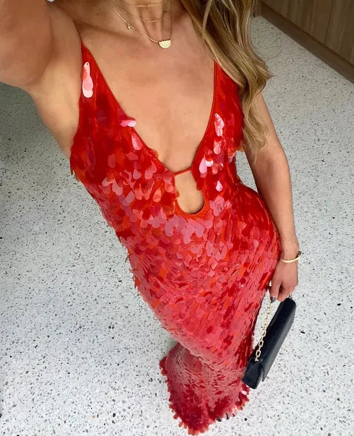 Deep V-Neck Sequin Embellished Cut Out Maxi Dress for Women