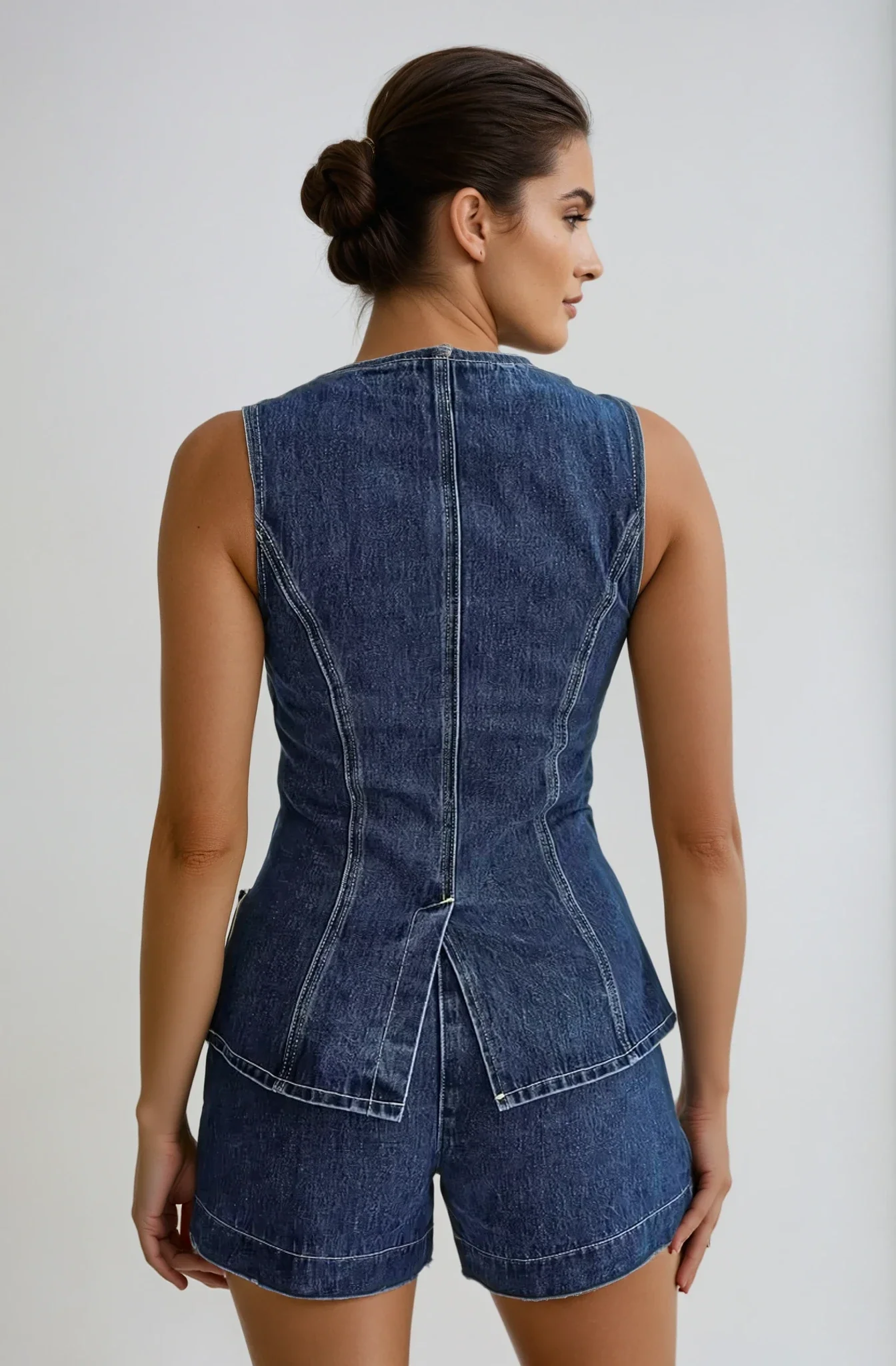 Split Front Peplum Denim Sleeveless Top and Shorts Set for Women