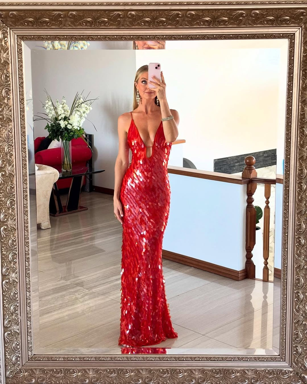 Deep V-Neck Sequin Embellished Cut Out Maxi Dress for Women