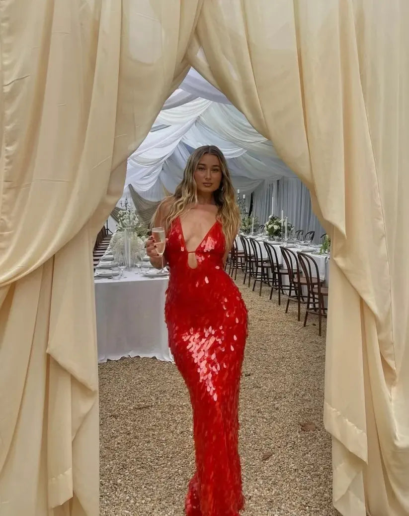 Deep V-Neck Sequin Embellished Cut Out Maxi Dress for Women