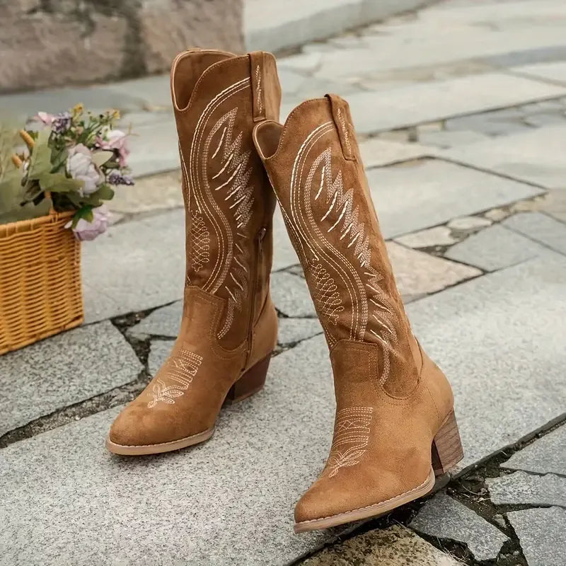 Embellished Block Heel Cowboy Boots for Women
