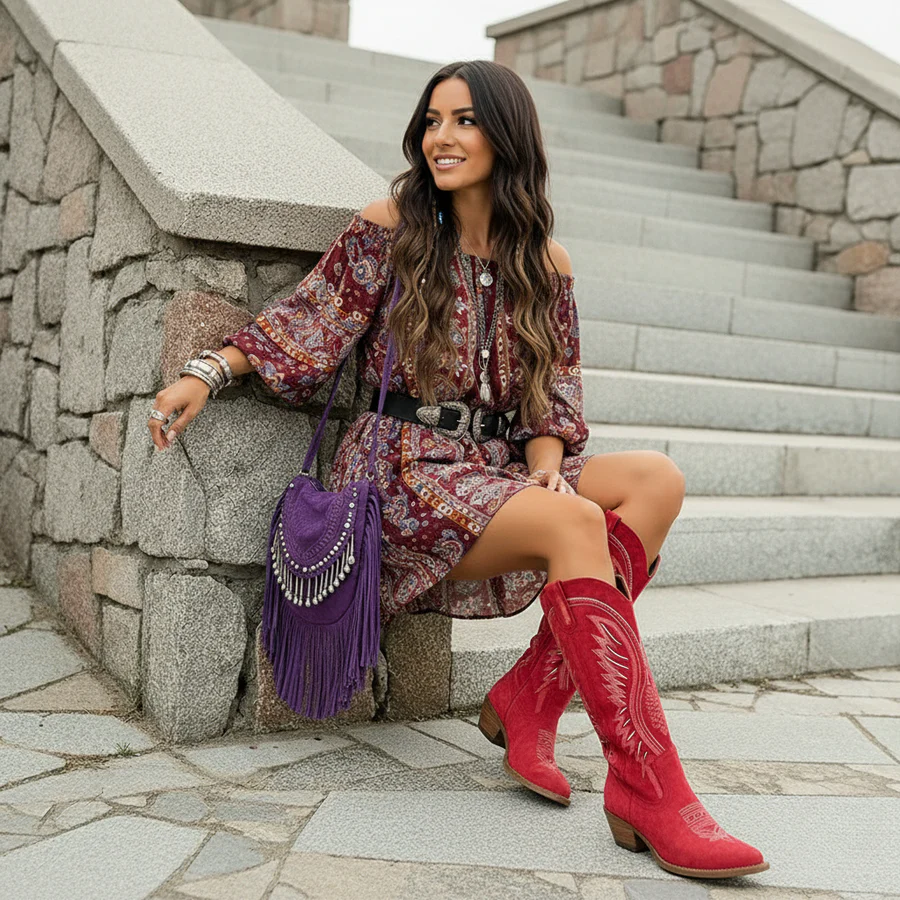 Embellished Block Heel Cowboy Boots for Women