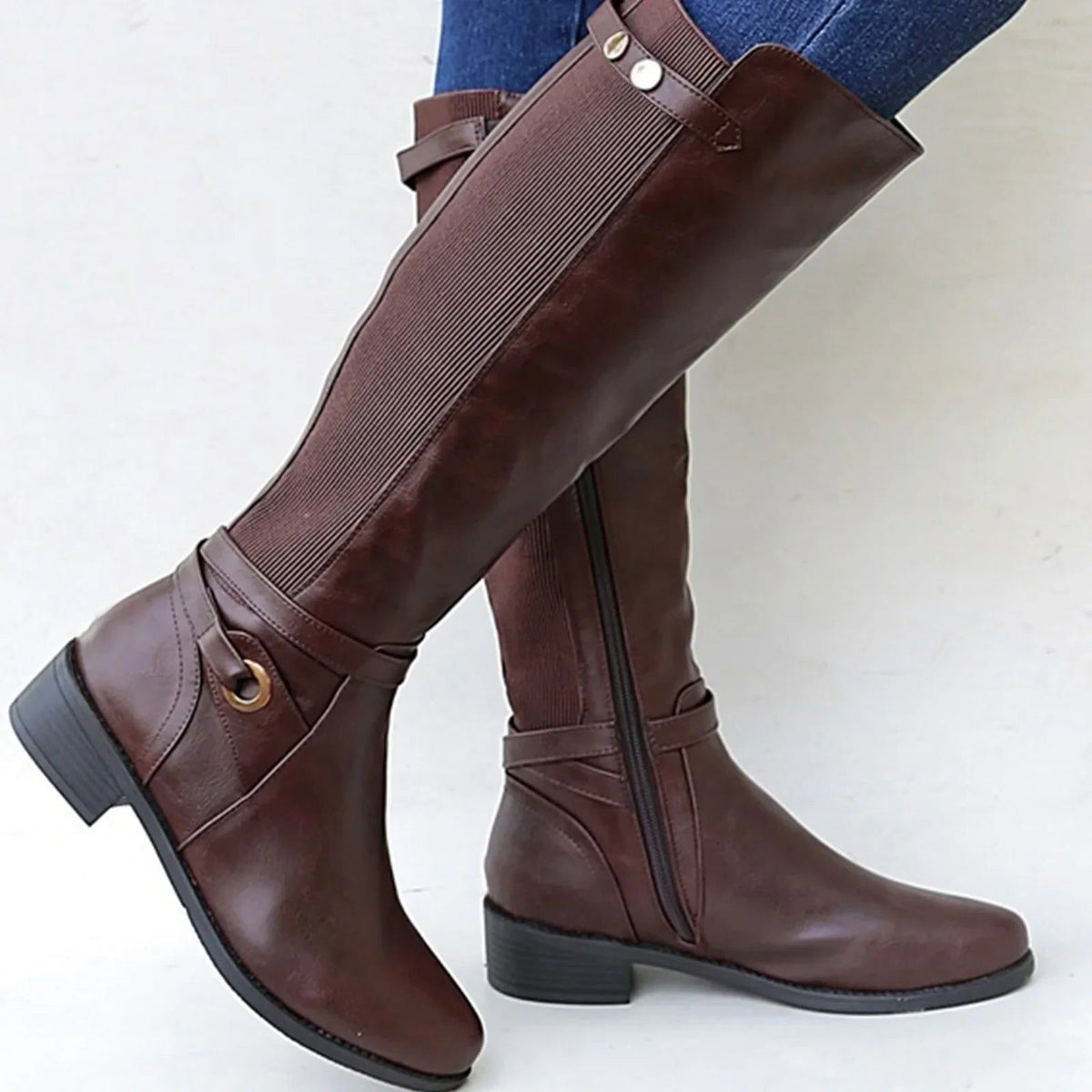 Knee-High Block Heel Leather Boots for Women - Brown