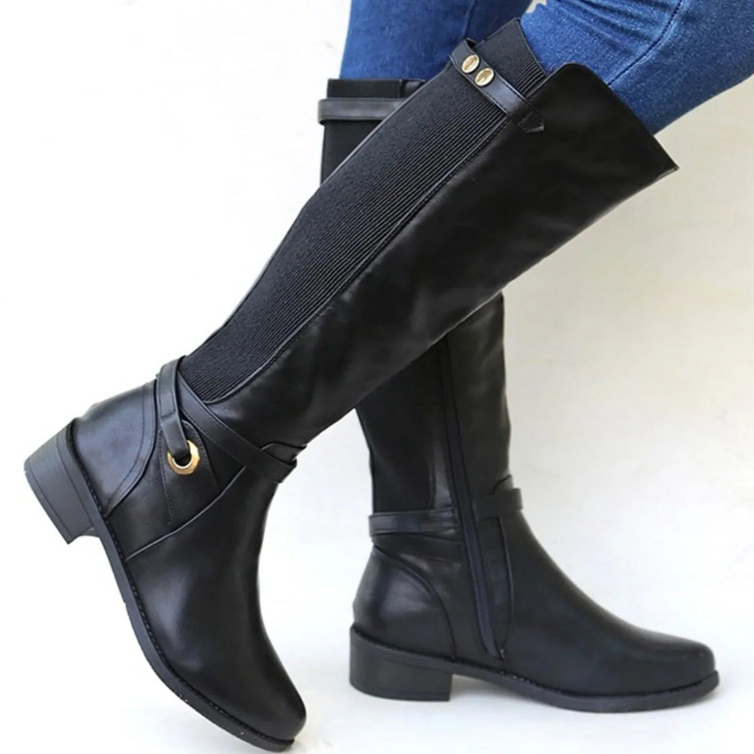 Knee-High Block Heel Leather Boots for Women