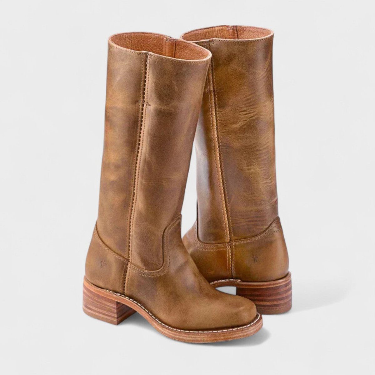 Knee High Block Heel Western Boots for Women - Light Brown