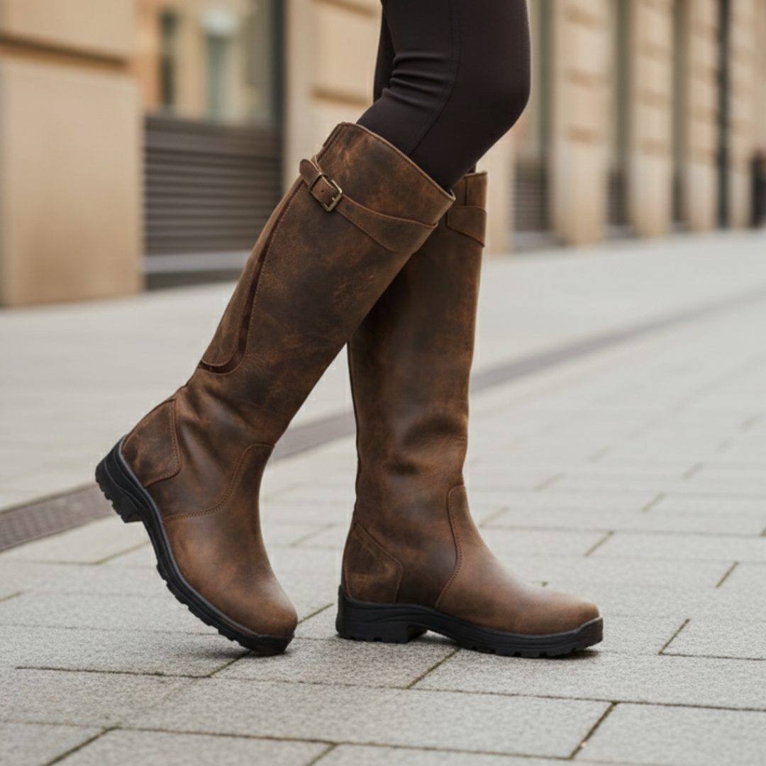 Knee High Boots with Adjustable Calf Strap for Women - Brown