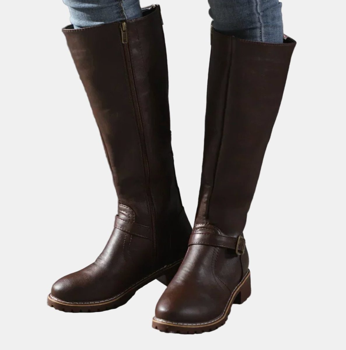 Knee High Buckle Strap Riding Boots for Women - Dark Brown