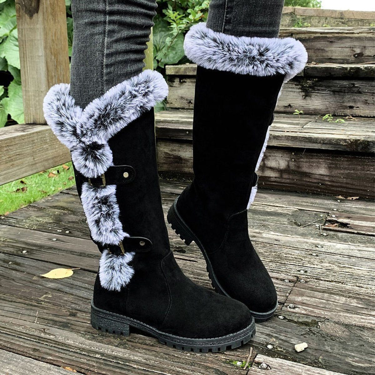 Knee High Faux Suede Fur-Trim Buckle Boots for Women - Black