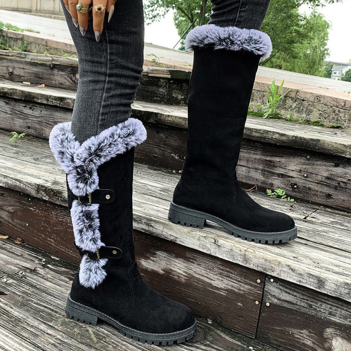 Knee High Faux Suede Fur-Trim Buckle Boots for Women - View 8