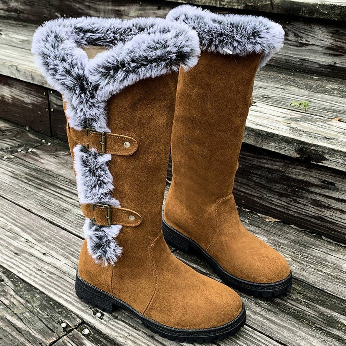Knee High Faux Suede Fur-Trim Buckle Boots for Women - View 10