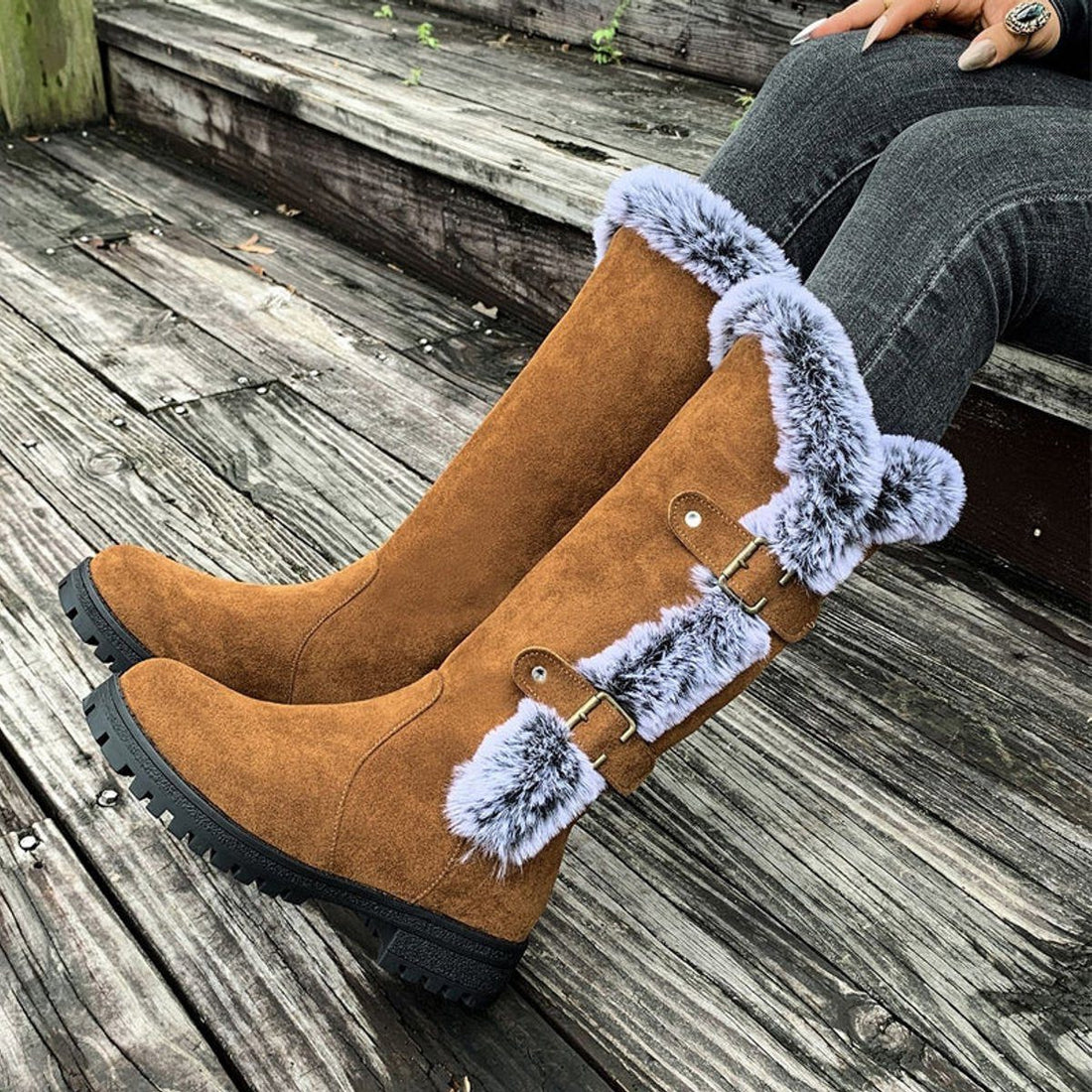Knee High Faux Suede Fur-Trim Buckle Boots for Women
