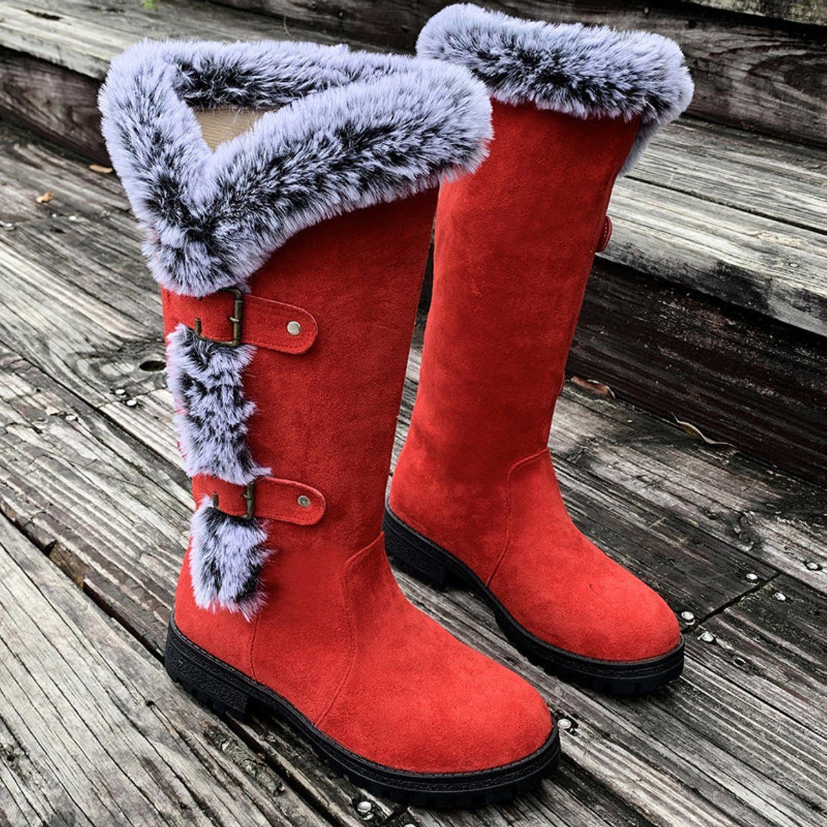 Knee High Faux Suede Fur-Trim Buckle Boots for Women - Red