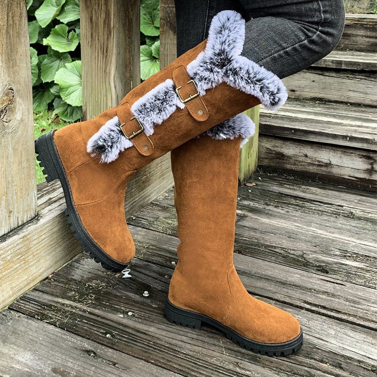 Knee High Faux Suede Fur-Trim Buckle Boots for Women - Light Brown