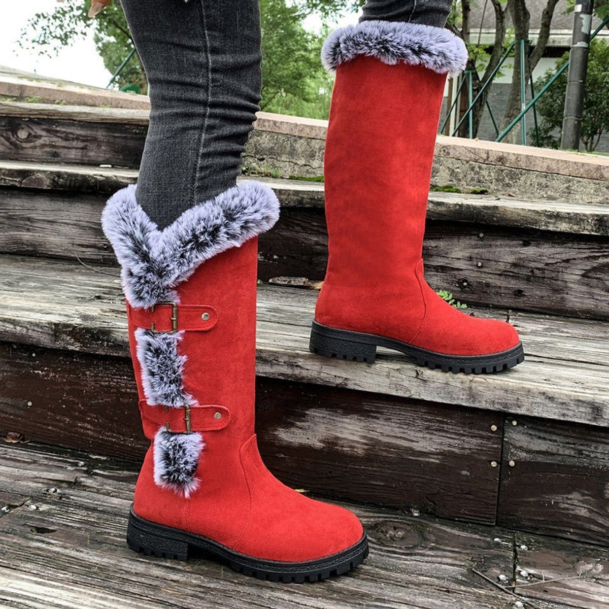 Knee High Faux Suede Fur-Trim Buckle Boots for Women - View 2