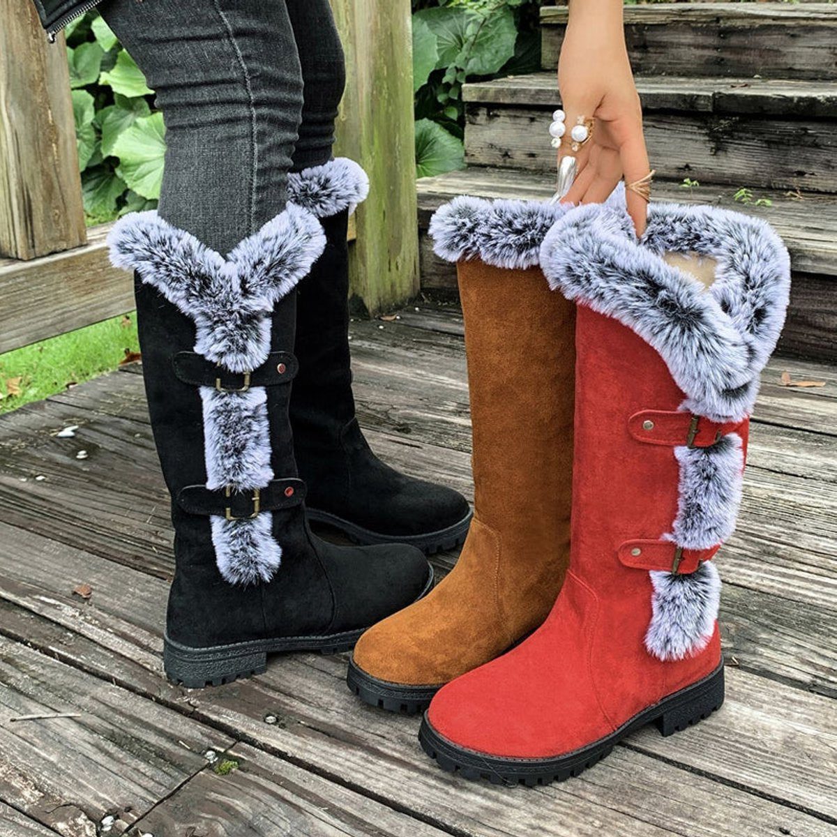 Knee High Faux Suede Fur-Trim Buckle Boots for Women - View 3
