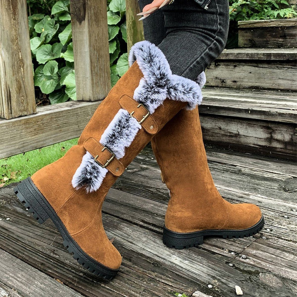 Knee High Faux Suede Fur-Trim Buckle Boots for Women - View 5
