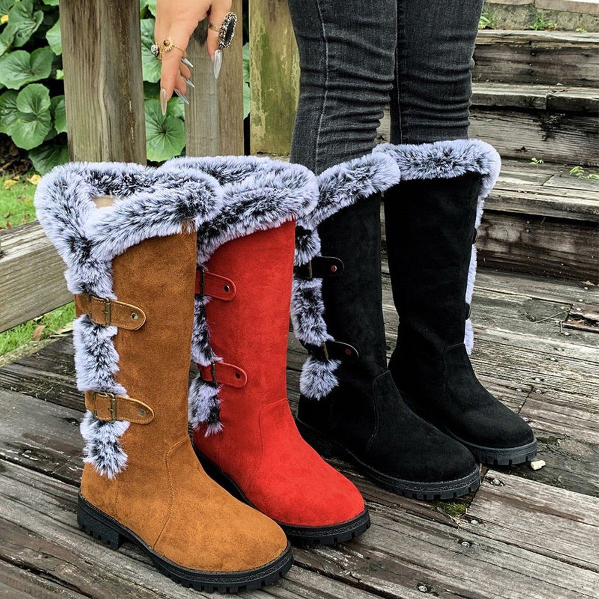 Knee High Faux Suede Fur-Trim Buckle Boots for Women - View 6