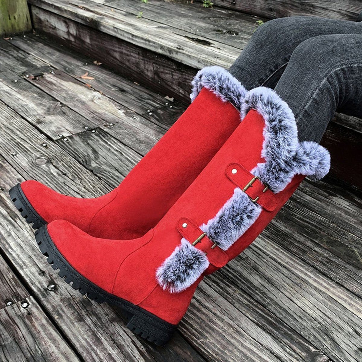 Knee High Faux Suede Fur-Trim Buckle Boots for Women - View 7