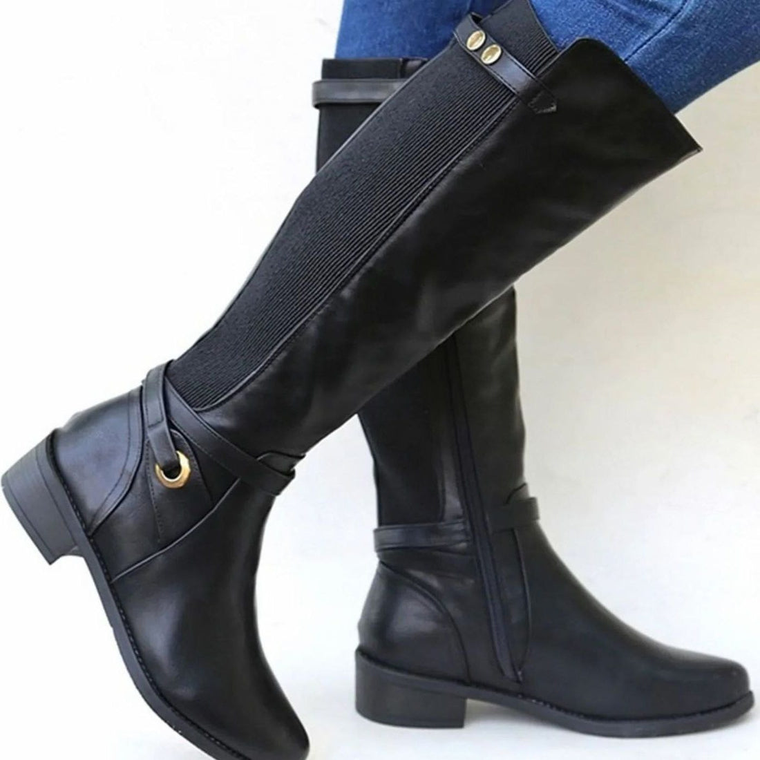 Knee High Leather Boots with Block Heel for Women