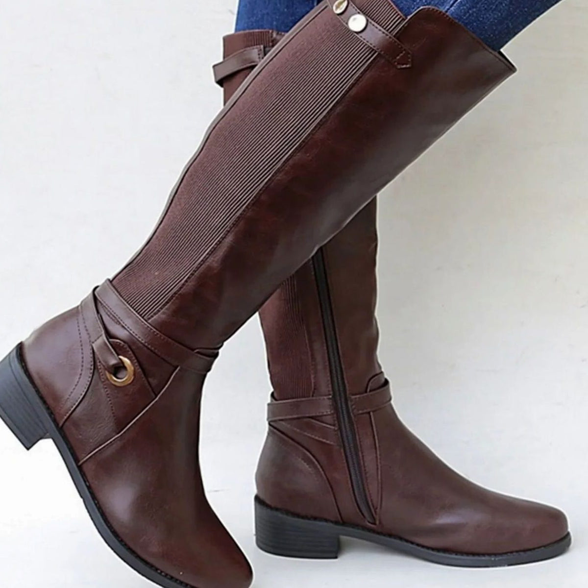 Knee High Leather Boots with Block Heel for Women - Brown