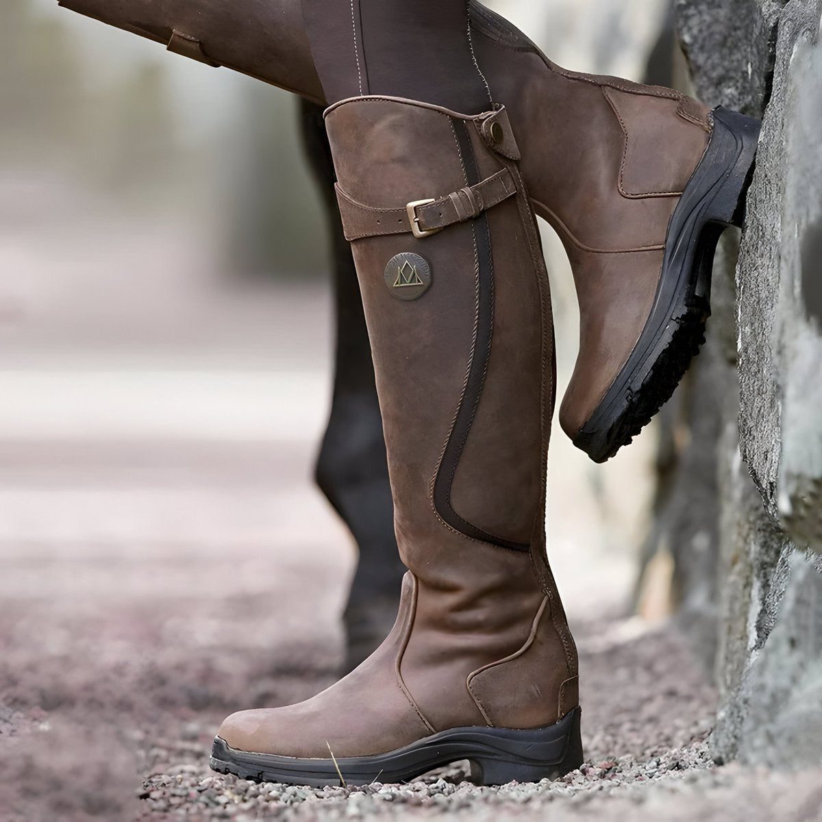 Knee High Leather Riding Boots with Buckle Strap for Women