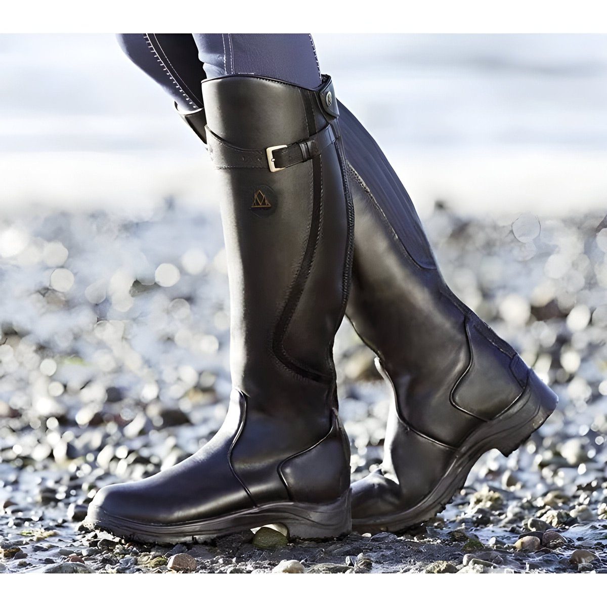 Knee High Leather Riding Boots with Buckle Strap for Women - Black