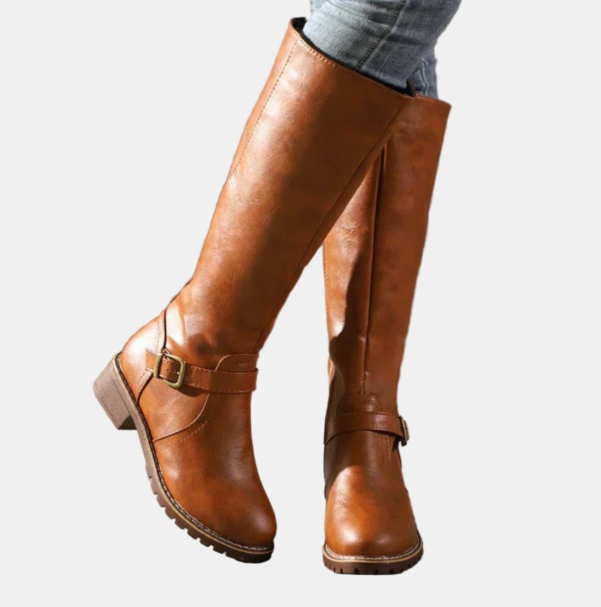 Knee High Riding Boots with Buckle Strap for Women - Brown