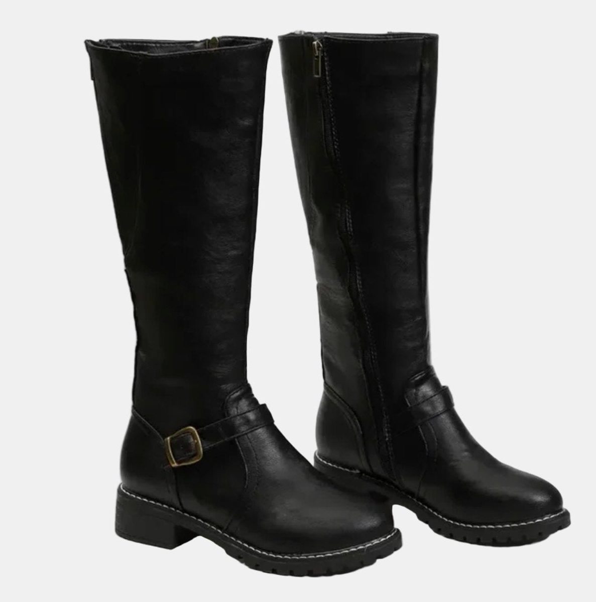 Knee High Riding Boots with Buckle Strap for Women - Black