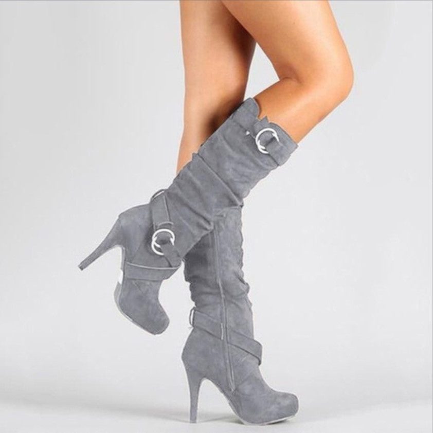 Knee High Stiletto Boots with Ring Buckle Straps for Women