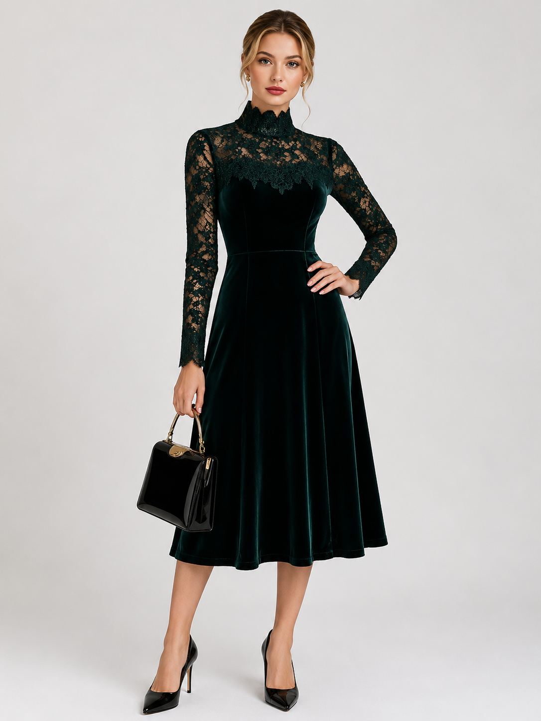 Lace Fall Wedding Guest Midi Dress with Roll Neck and Long Sleeves for Women
