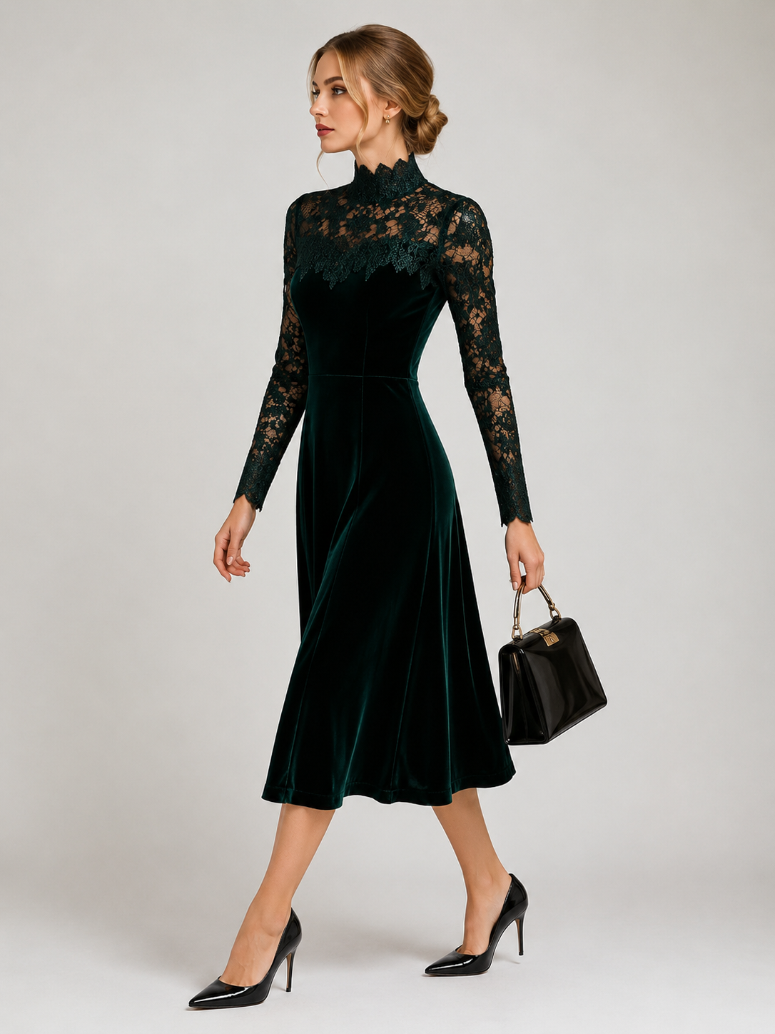 Lace Fall Wedding Guest Midi Dress with Roll Neck and Long Sleeves for Women