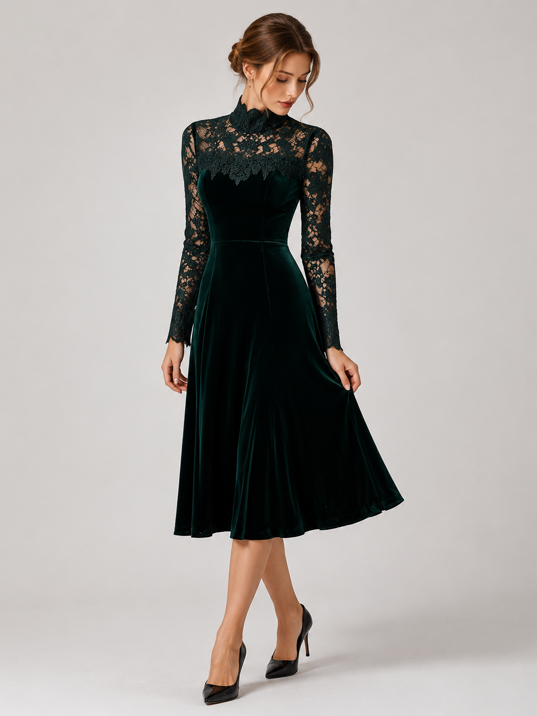 Lace Fall Wedding Guest Midi Dress with Roll Neck and Long Sleeves for Women