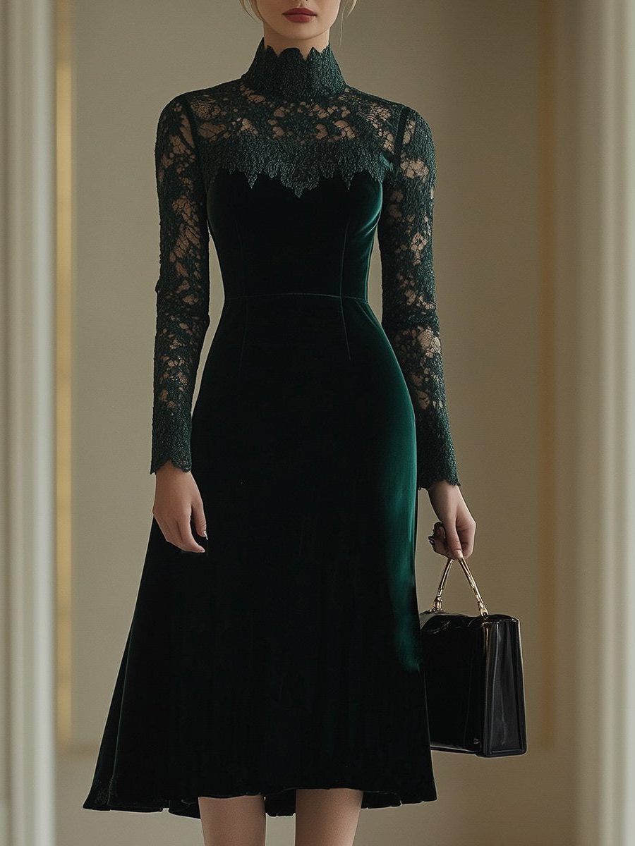 Lace Long Sleeve Roll Neck Fall Wedding Guest Midi Dress for Women