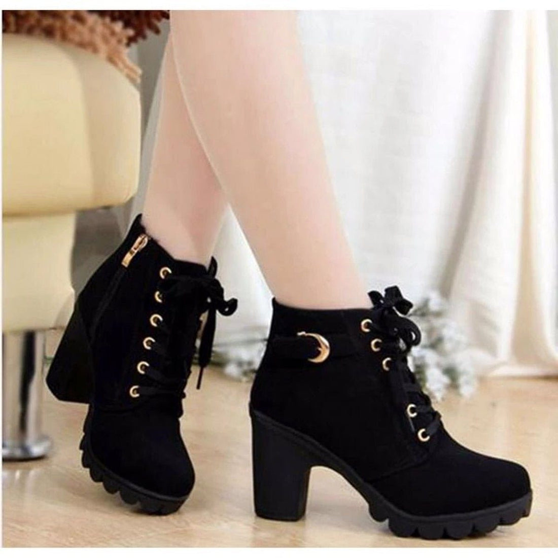 Lace-Up Block Heel Ankle Boots for Women