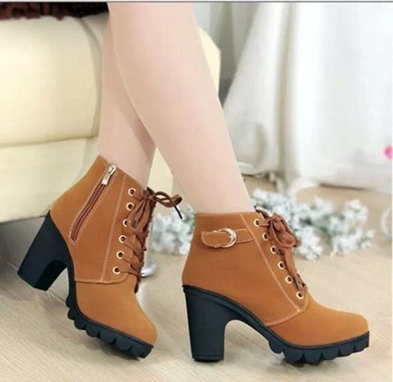 Lace-Up Block Heel Ankle Boots for Women - Rust Brown