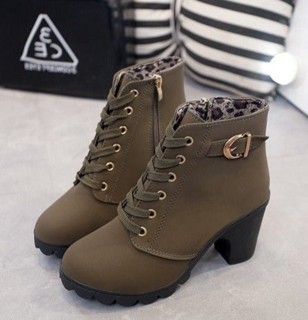 Lace-Up Block Heel Ankle Boots for Women - Army Green