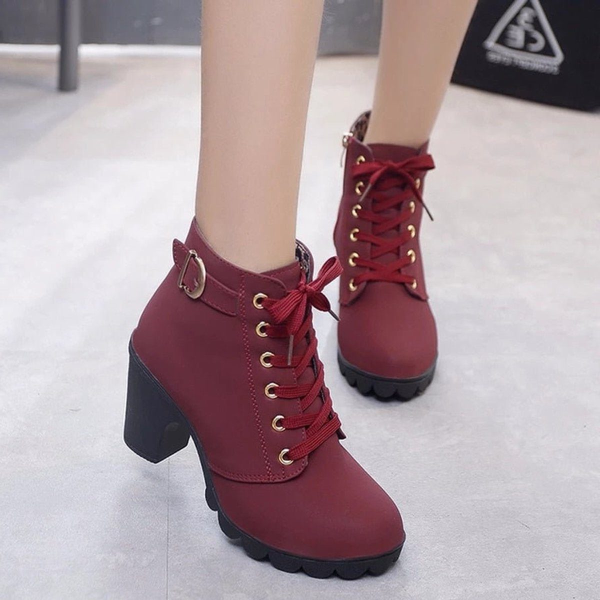 Lace-Up Block Heel Ankle Boots for Women - Red