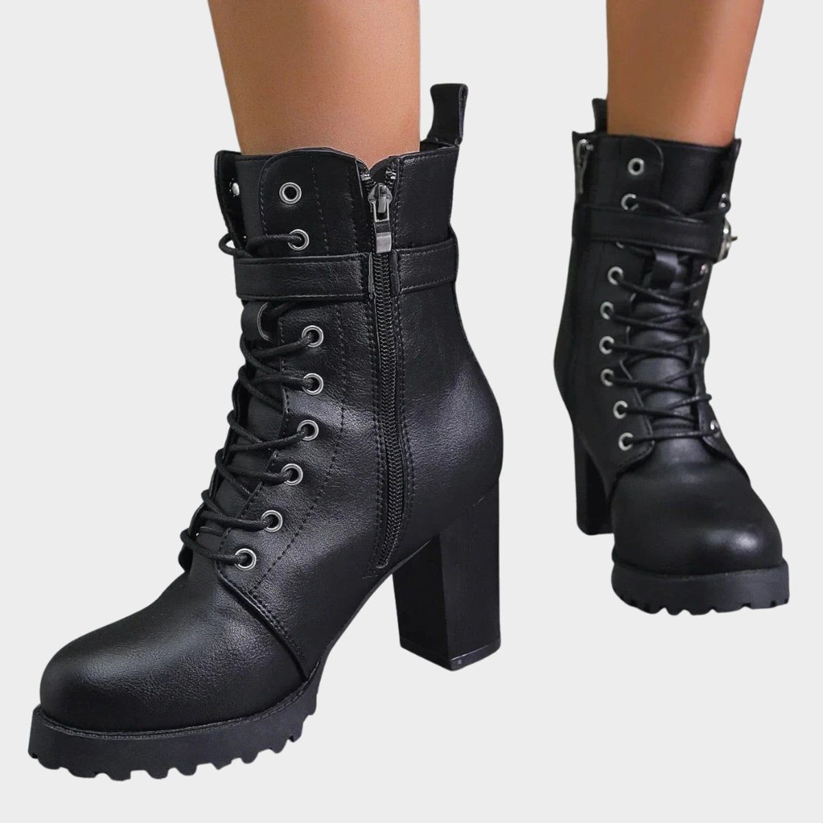 Lace-Up Block Heel Combat Ankle Boots for Women - Black