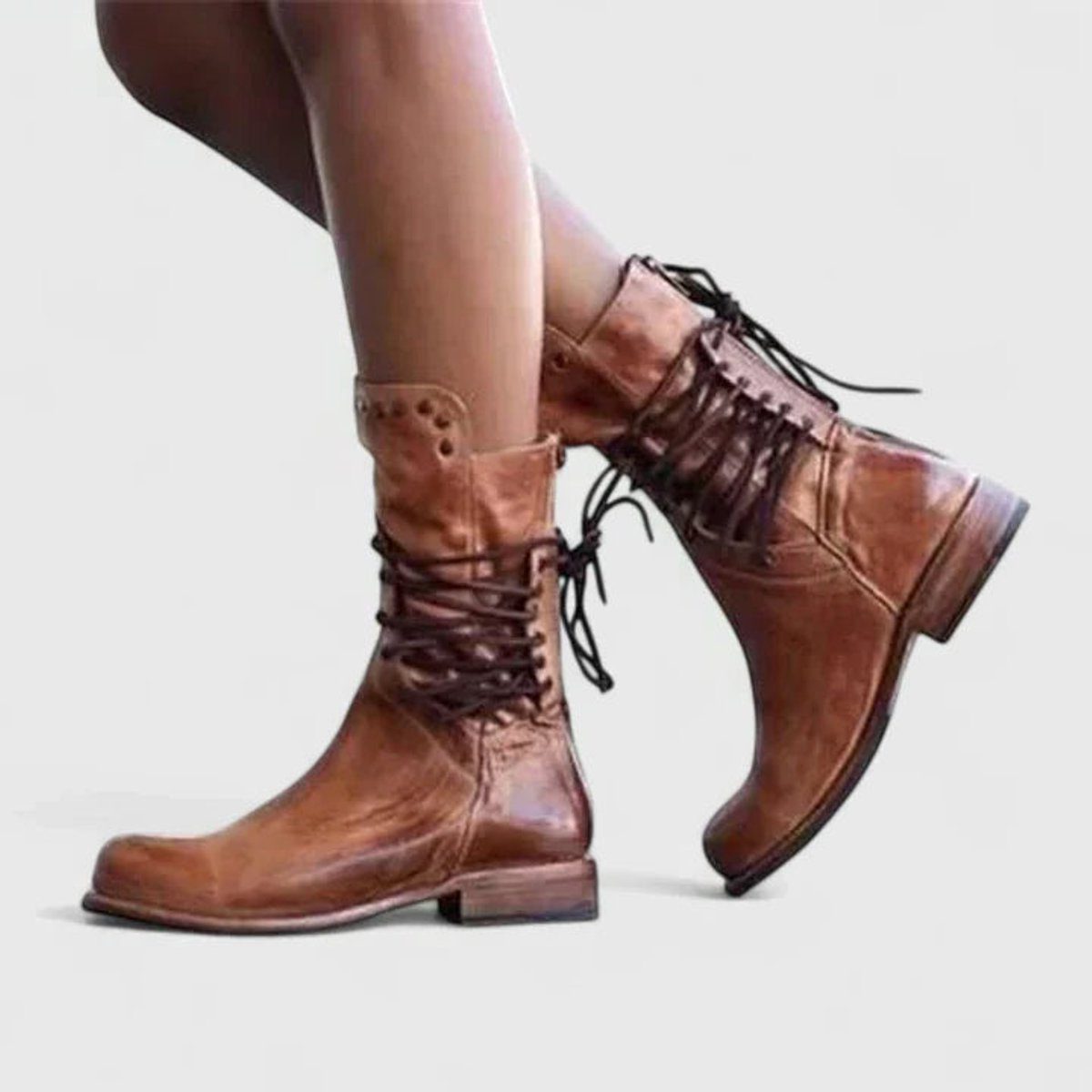 Lace-Up Block Heel Knee High Boots for Women - Brown
