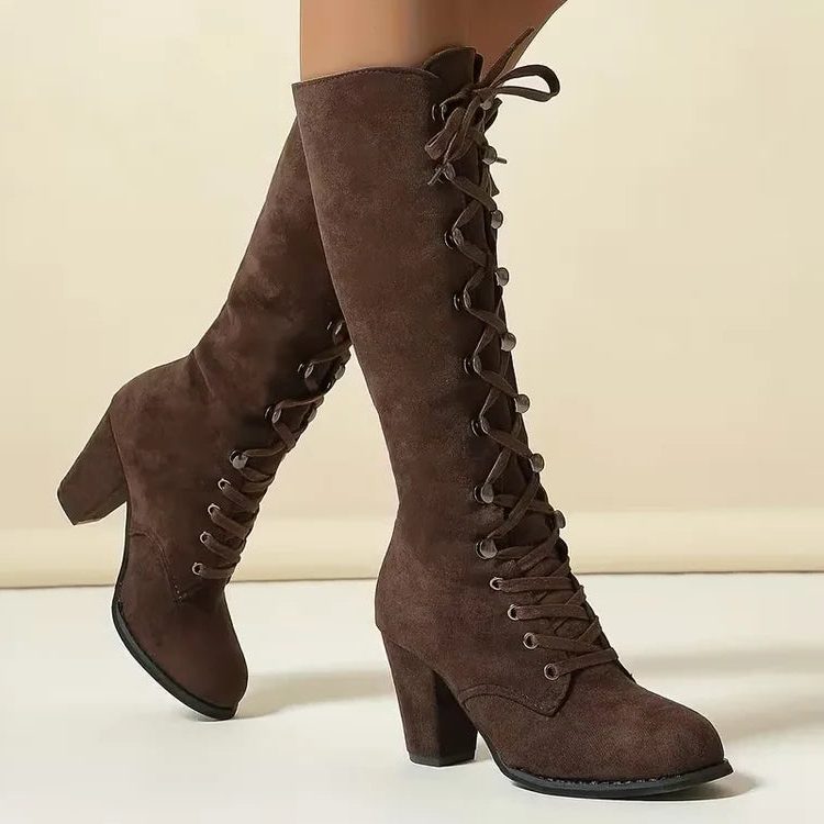 Lace-Up Block Heel Knee High Boots for Women