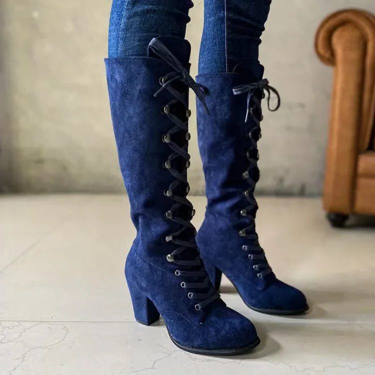 Lace-Up Block Heel Knee High Boots for Women - Blue
