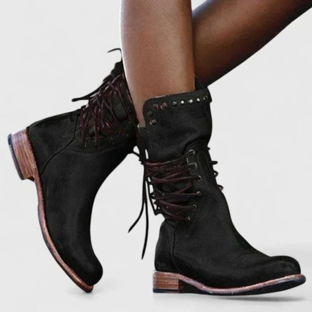 Lace-Up Block Heel Knee High Boots for Women - Black