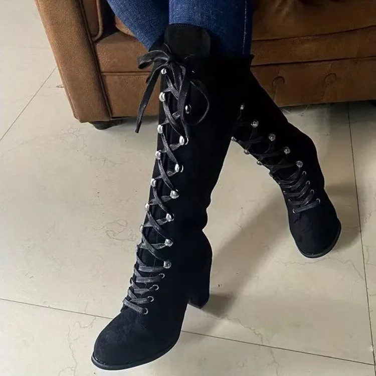 Lace-Up Block Heel Knee High Boots for Women - Black