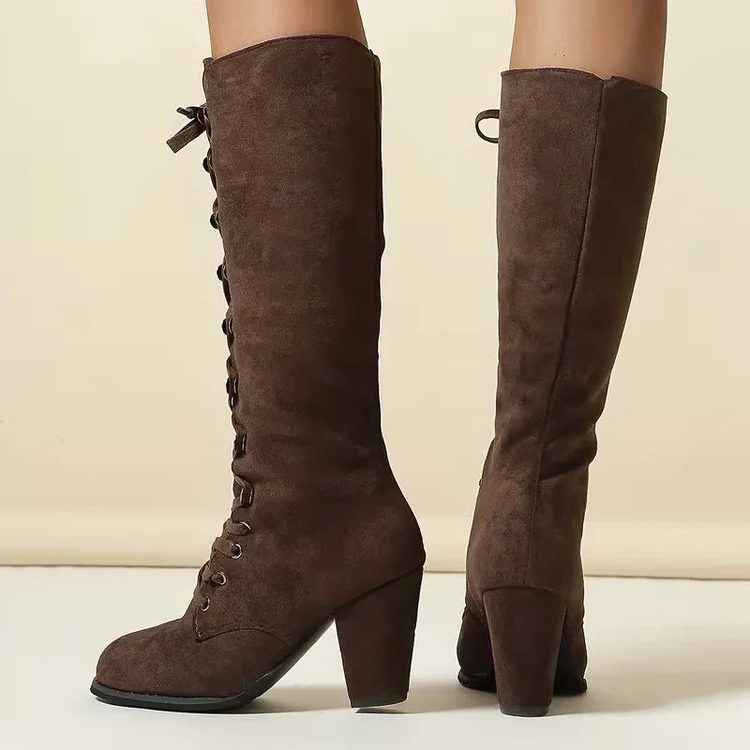 Lace-Up Block Heel Knee High Boots for Women - View 3