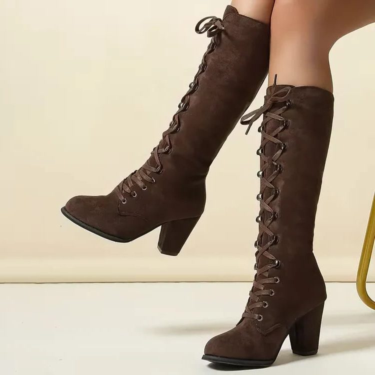 Lace-Up Block Heel Knee High Boots for Women - View 5