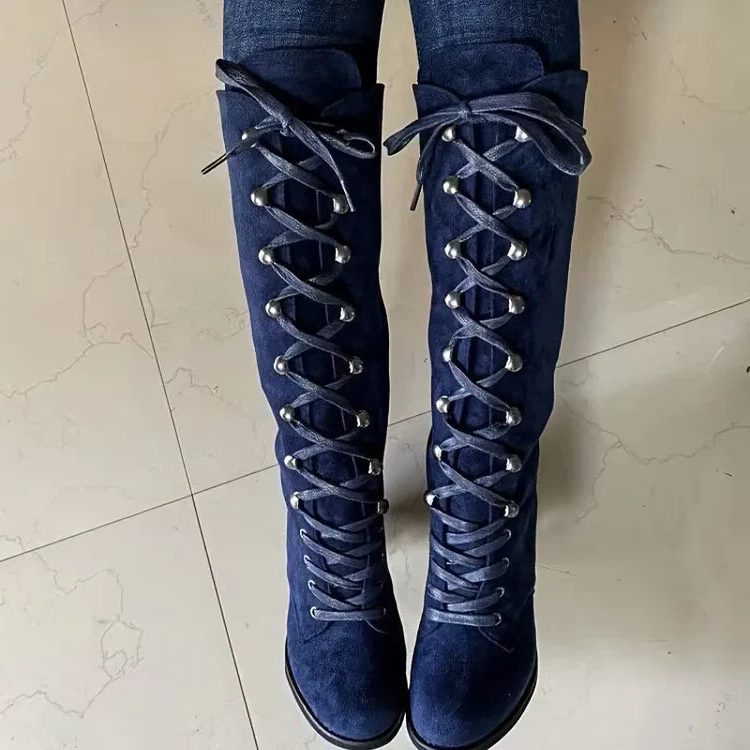 Lace-Up Block Heel Knee High Boots for Women - View 7