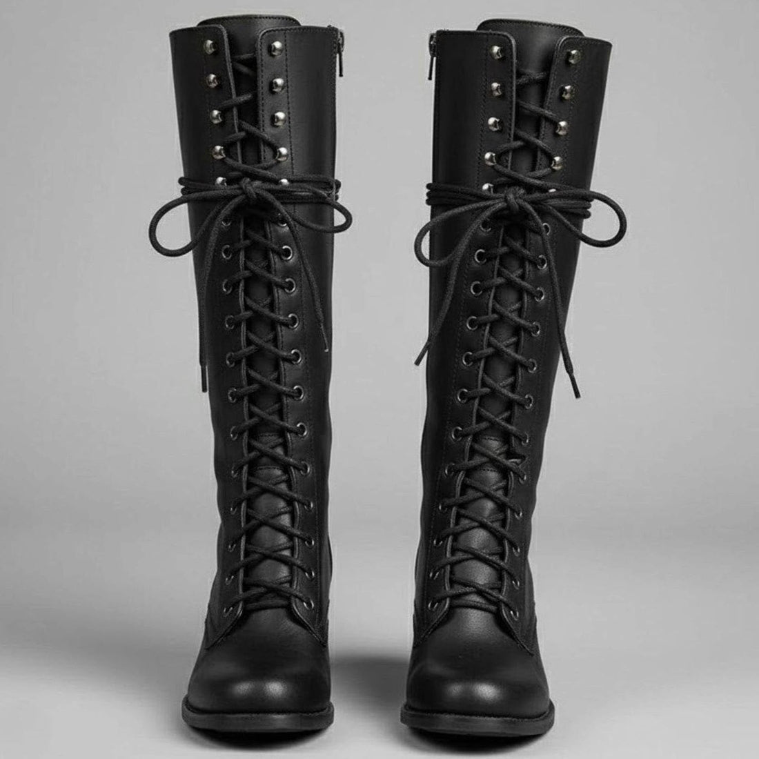 Lace-Up Block Heel Studded Knee-High Boots for Women