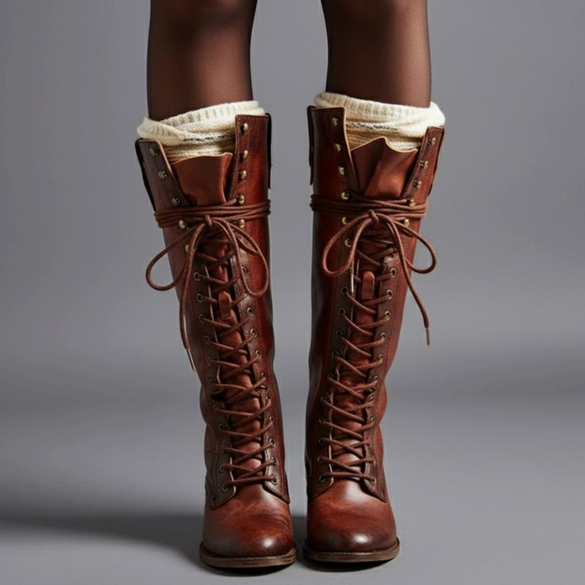 Lace-Up Block Heel Studded Knee-High Boots for Women - Red Brown