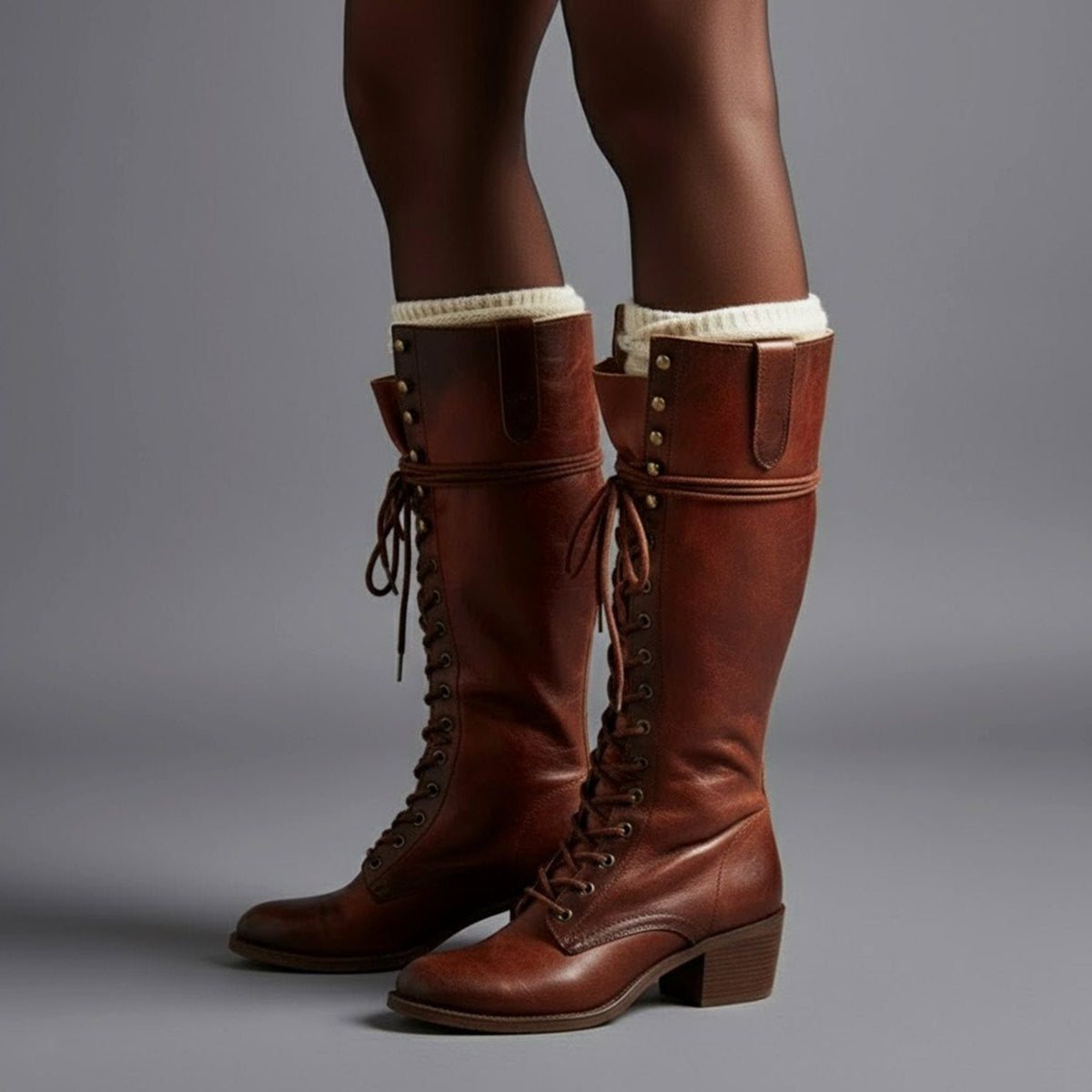 Lace-Up Block Heel Studded Knee-High Boots for Women - View 11