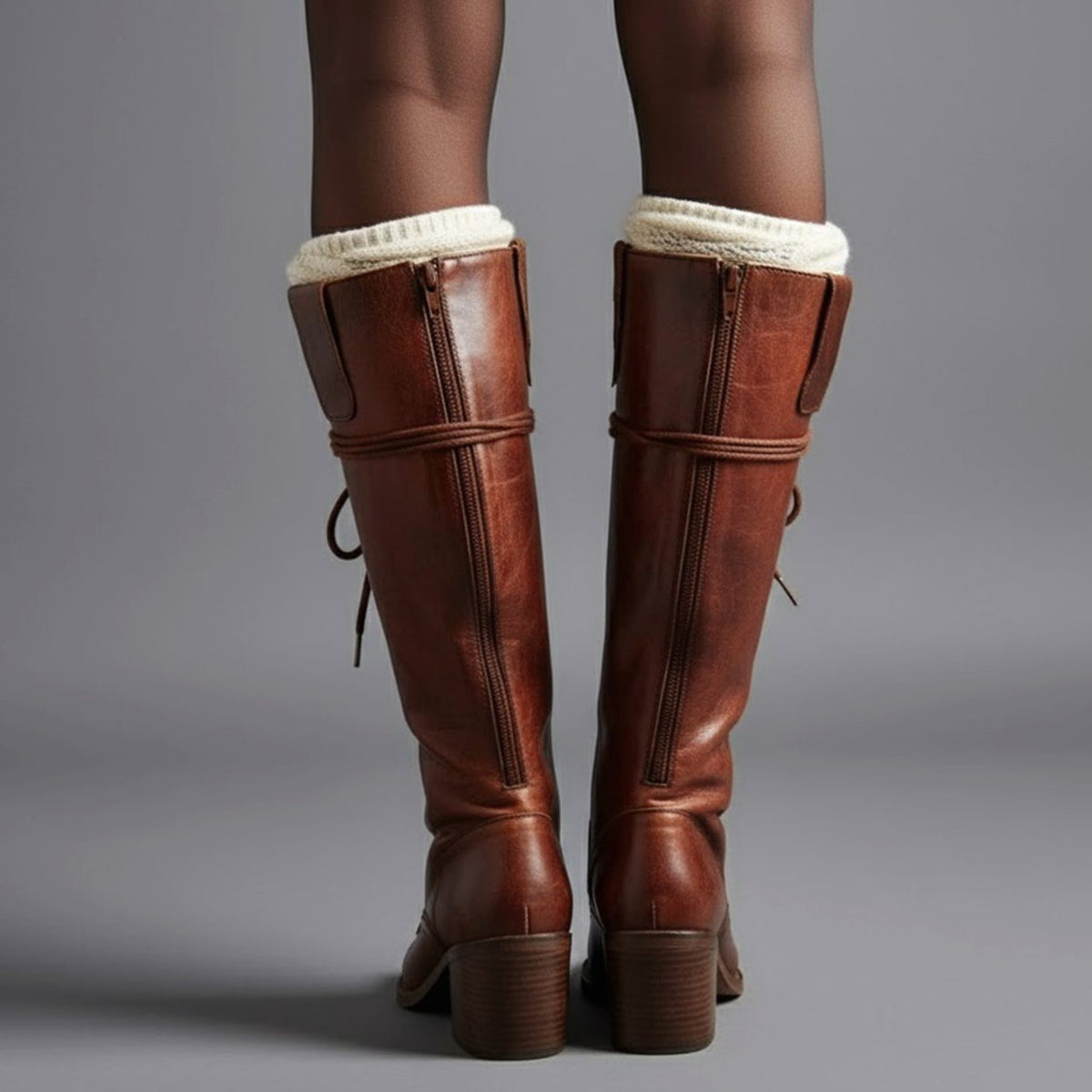 Lace-Up Block Heel Studded Knee-High Boots for Women - View 12